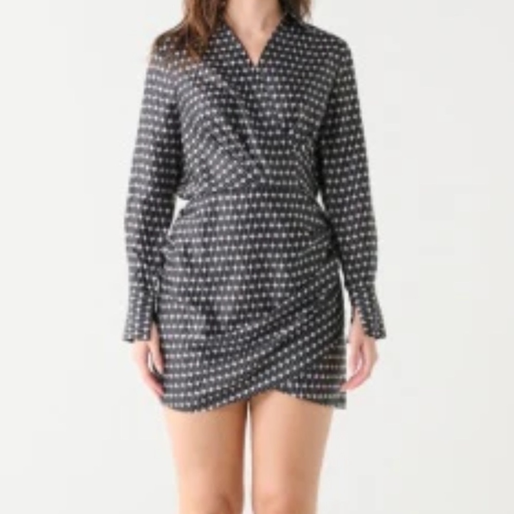 Black Tape ruched long sleeves satin wrap mini dress Sz XL black ivory print